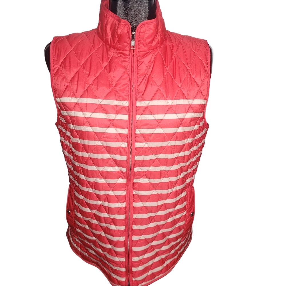 Talbots Quilted Coral and White Striped Vest Size M